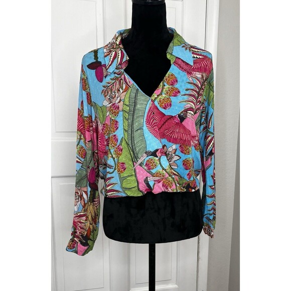 Rachel Rachel Roy Blouse Womens M‎ Blue Tropical Print Collared Long Sleeve Crop - Picture 1 of 13